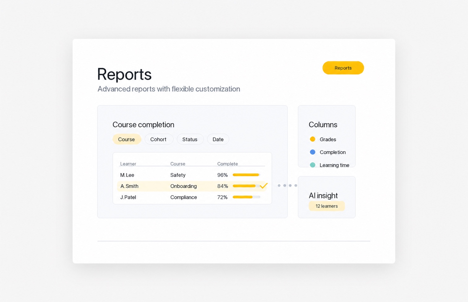 LMS report builder with filters, columns, and report rows