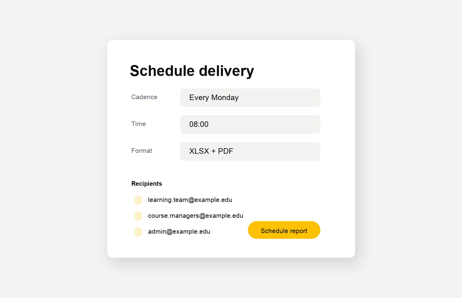 Scheduled LMS report delivery settings with recipients and format