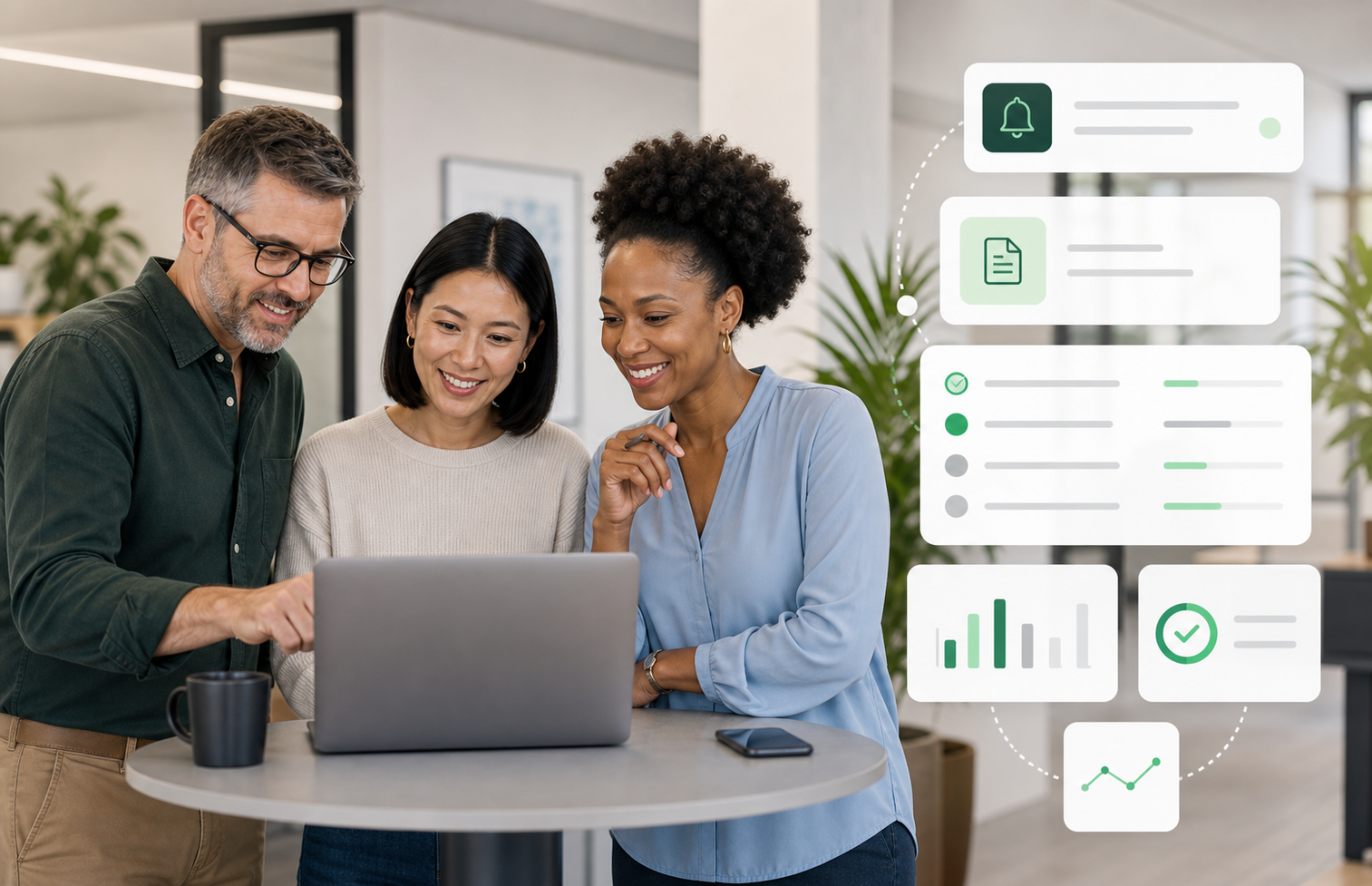 Learning team reviewing analytics together in a modern workspace