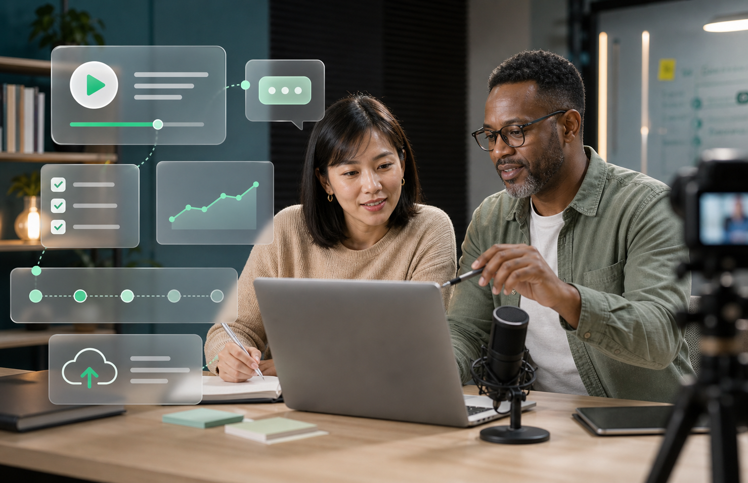 Team members reviewing work together in a modern workspace