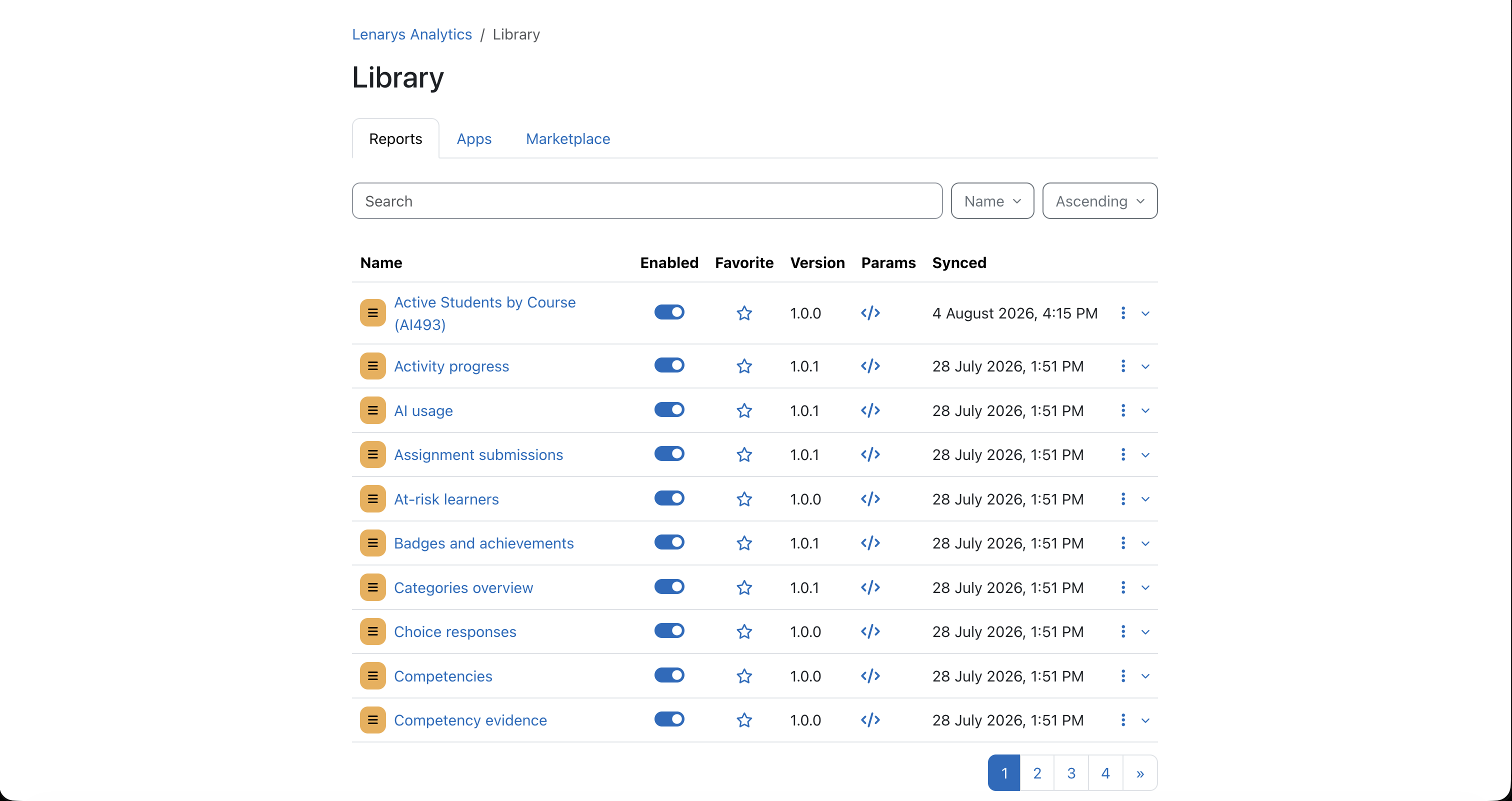 Report library and marketplace screen inside Moodle